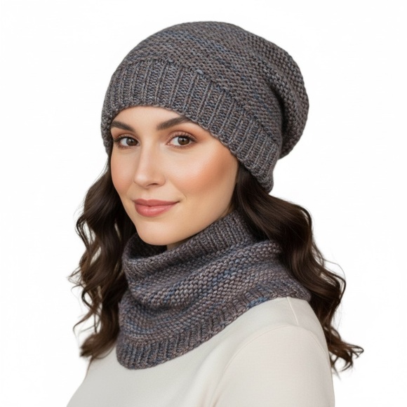 Hand Knit Set of Slouchy Beanie & Neck Warmer Cowl Scarf  Variegated Merino Yarn main image 7